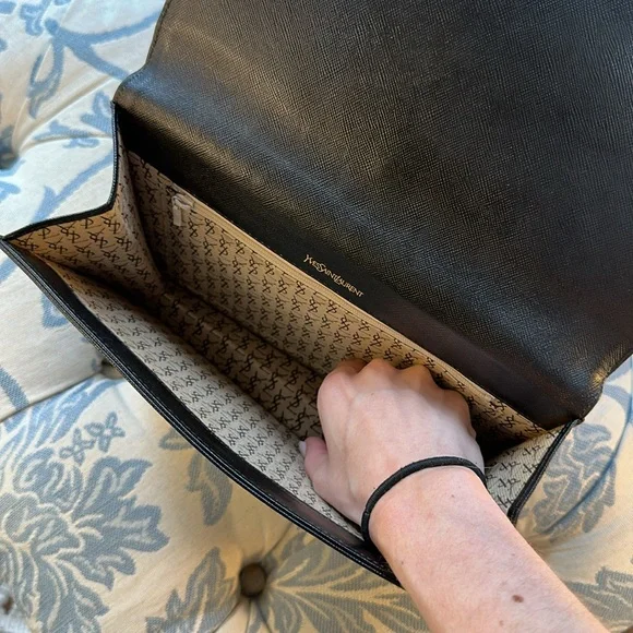 Authentic Yves Saint Laurent "YSL" Black Leather Envelope Clutch Bag W/Chain - Picture 12 of 15